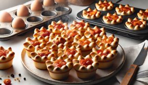 Dall·e 2024 10 02 21.25.32 A Plate Filled With Freshly Baked Mini Pizzas Shaped Like Muffins With The Top Surface Of The Bread Nests Protruding Upwards Like Arrow Shaped Edges 2024 10 02 21 48 24